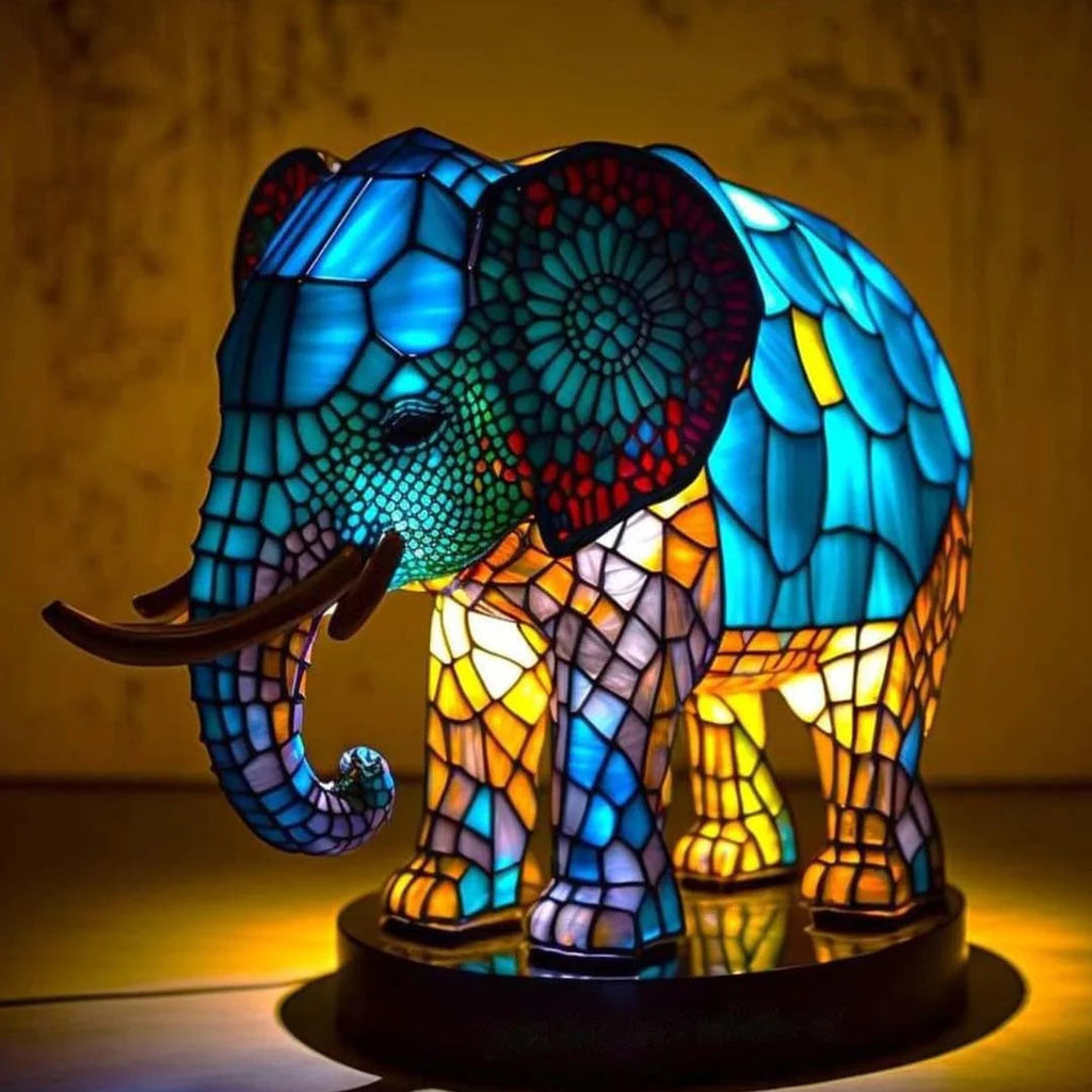 Tiffany Tischlampe aus Buntglas | Handgefertigtes Tiermotiv | Farbwechsel-LED | Glas & Metall