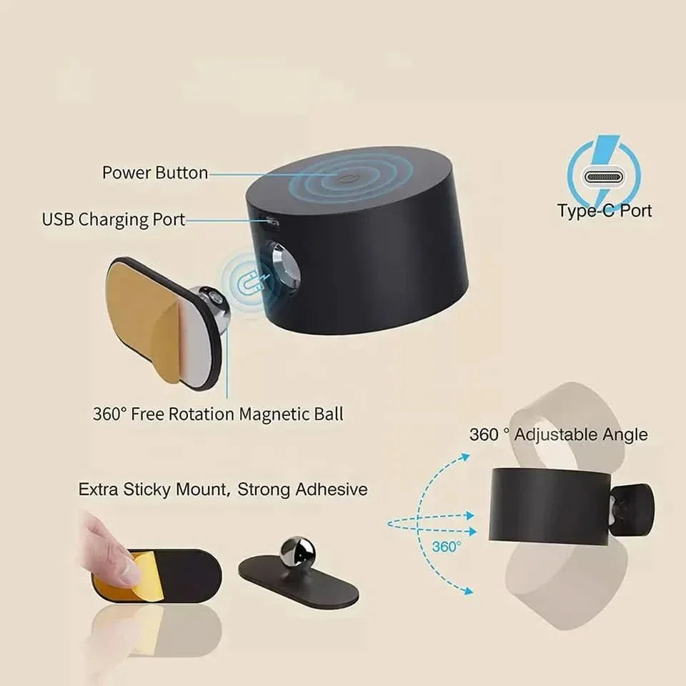 360° Wall Lamp – Kabellos, USB-wiederaufladbar & 3 Helligkeitsstufen für flexible Beleuchtung