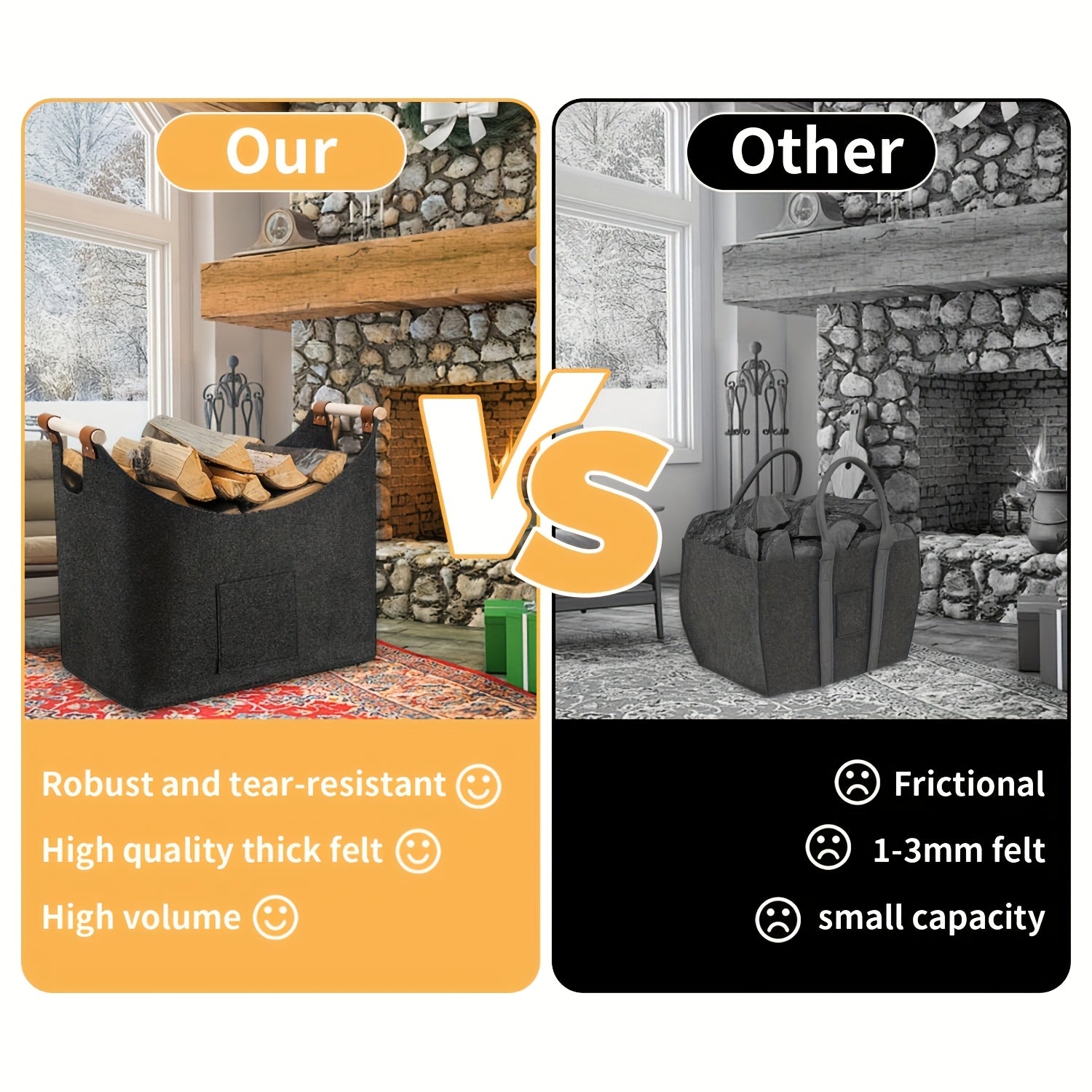 Panier à bûches en feutre FELDURA | Pliable | Capacité 55 L | Poignées en bois et finitions en cuir | Gris foncé