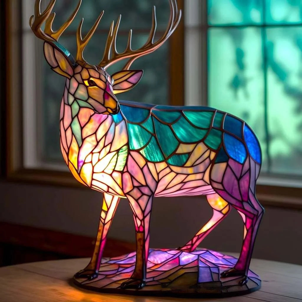 Tiffany Tischlampe aus Buntglas | Handgefertigtes Tiermotiv | Farbwechsel-LED | Glas & Metall