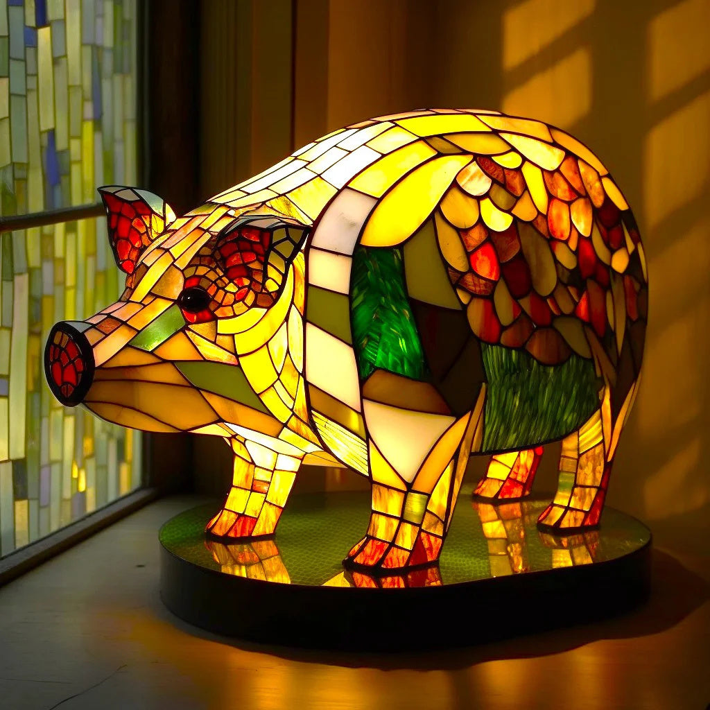 Tiffany Tischlampe aus Buntglas | Handgefertigtes Tiermotiv | Farbwechsel-LED | Glas & Metall