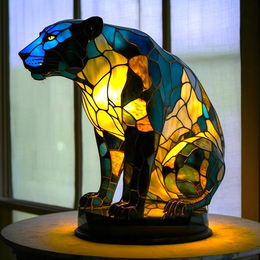 Tiffany Tischlampe aus Buntglas | Handgefertigtes Tiermotiv | Farbwechsel-LED | Glas & Metall
