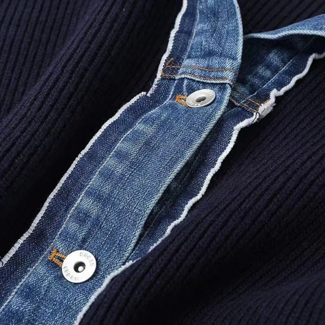 Damen Strickjacke mit Denim-Besatz | Eleganter Kontrast und moderner Stil