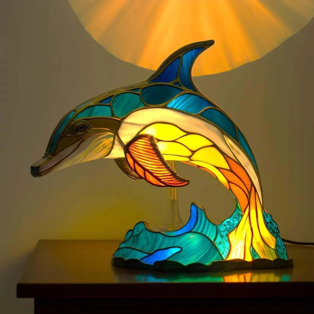 Tiffany Tischlampe aus Buntglas | Handgefertigtes Tiermotiv | Farbwechsel-LED | Glas & Metall