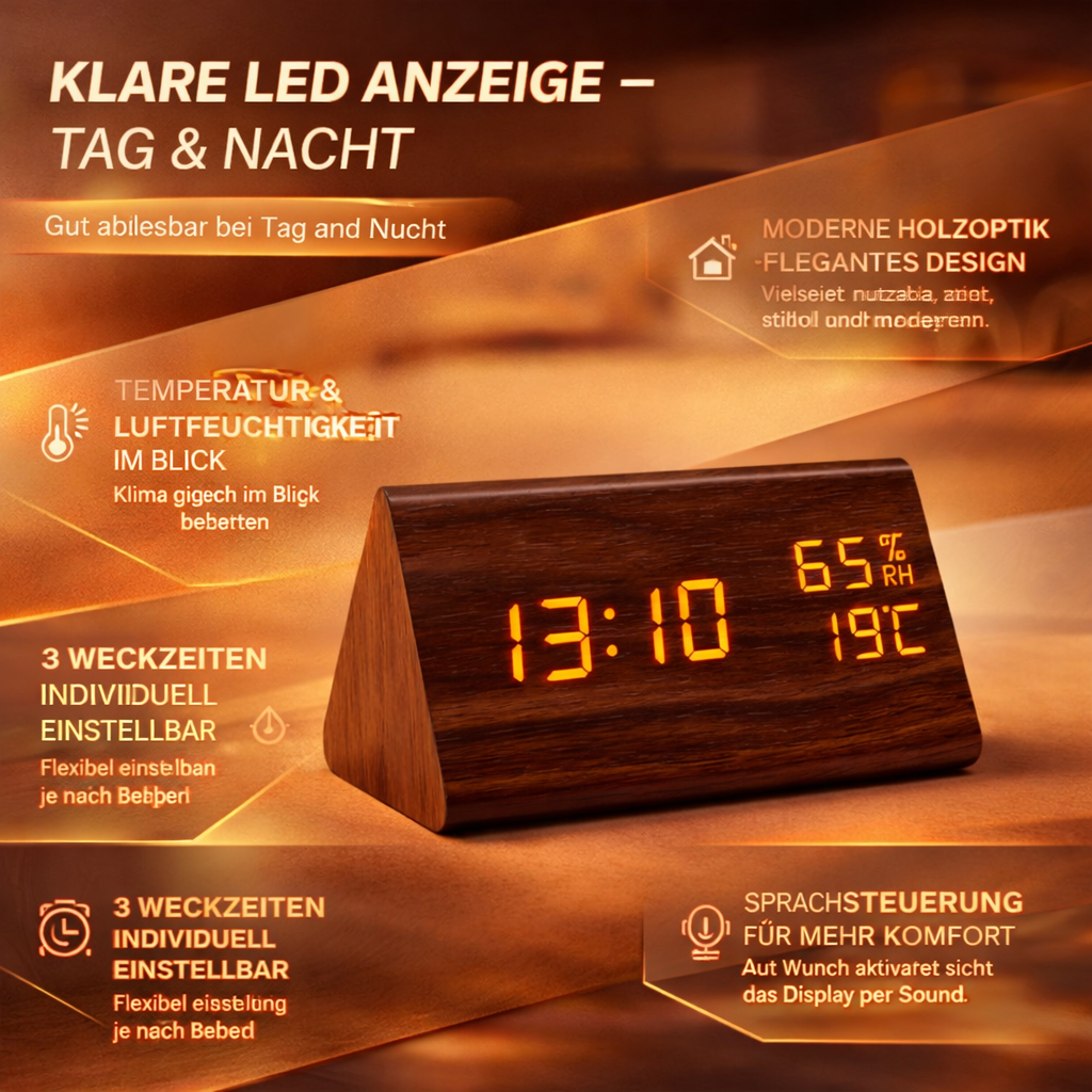 Digital LED Alarm Clock Wood Modern Temperature