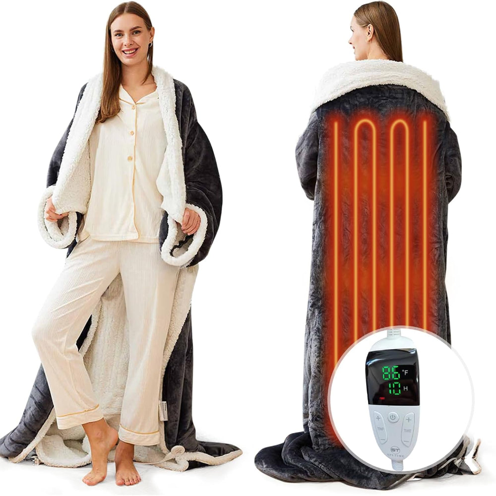 Electric blanket, heated wearable throw with temperature control
