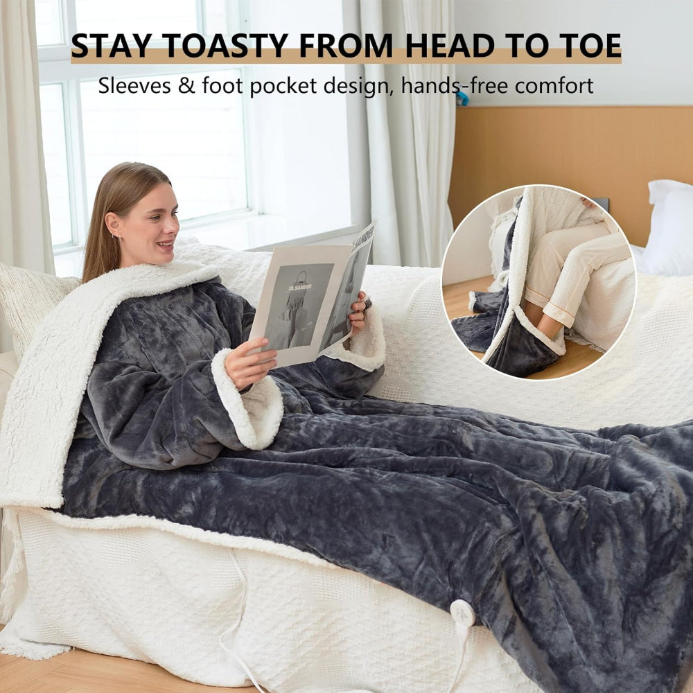 Electric blanket, heated wearable throw with temperature control