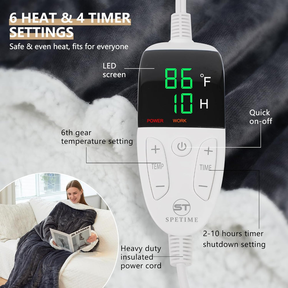 Electric blanket, heated wearable throw with temperature control