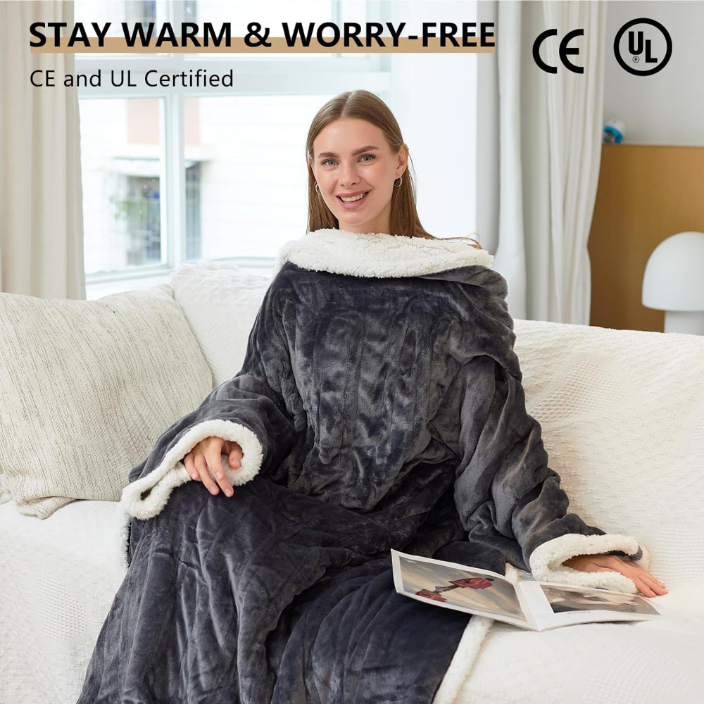 Electric blanket, heated wearable throw with temperature control