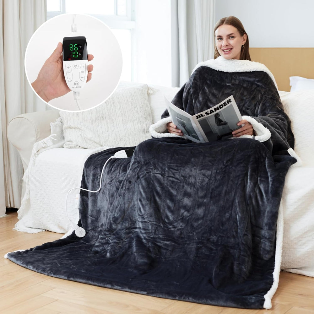 Electric blanket, heated wearable throw with temperature control