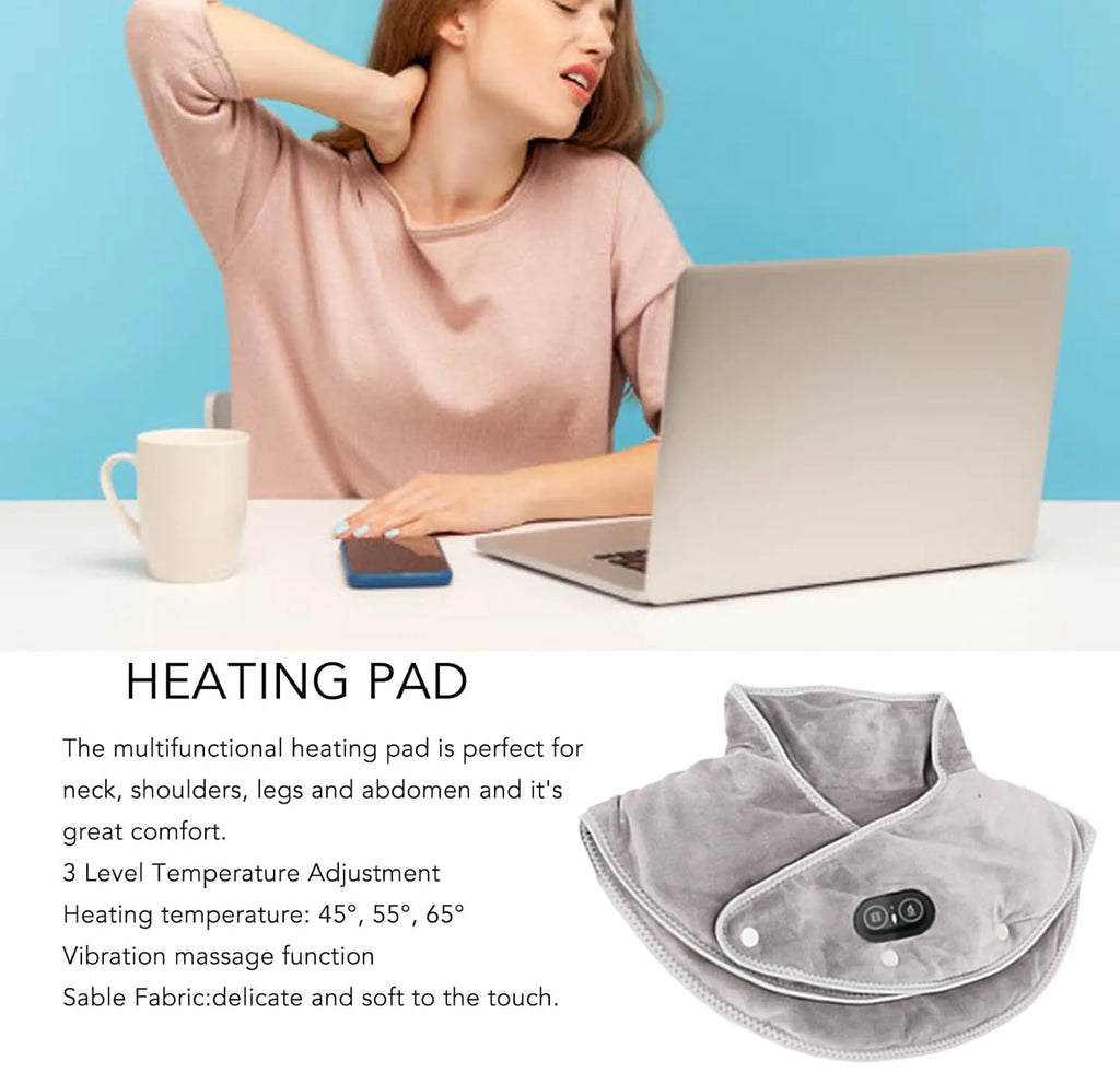 Heat Neck & Shoulder Massager ThermoLiva | USB Heating Pad with Vibration | 3 Temperature Levels & Timer | Soft Plush