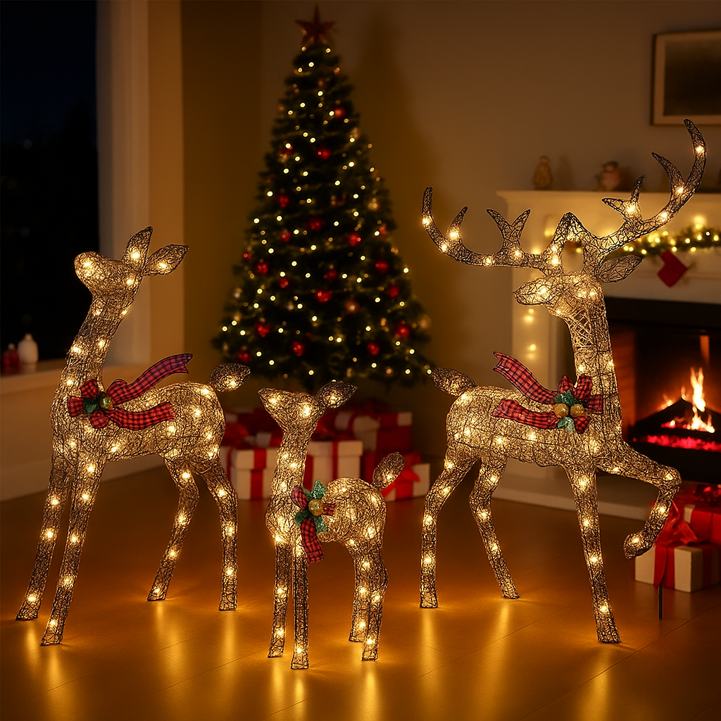 Christmas Reindeer Family Decoration Illuminated Outdoor Rattan Design