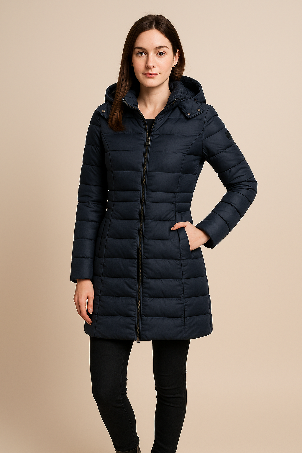 Damen Lange Gestepfte Pufferjacke mit Abnehmbarem Kapuze – Slim Fit Wintermantel