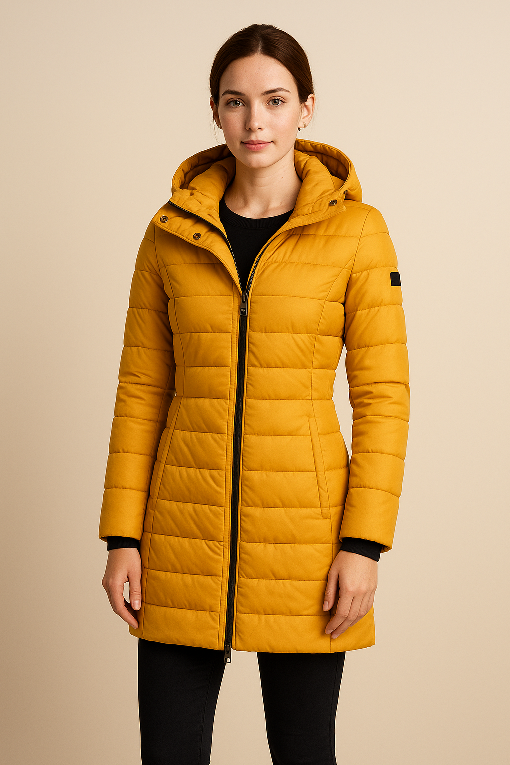 Damen Lange Gestepfte Pufferjacke mit Abnehmbarem Kapuze – Slim Fit Wintermantel
