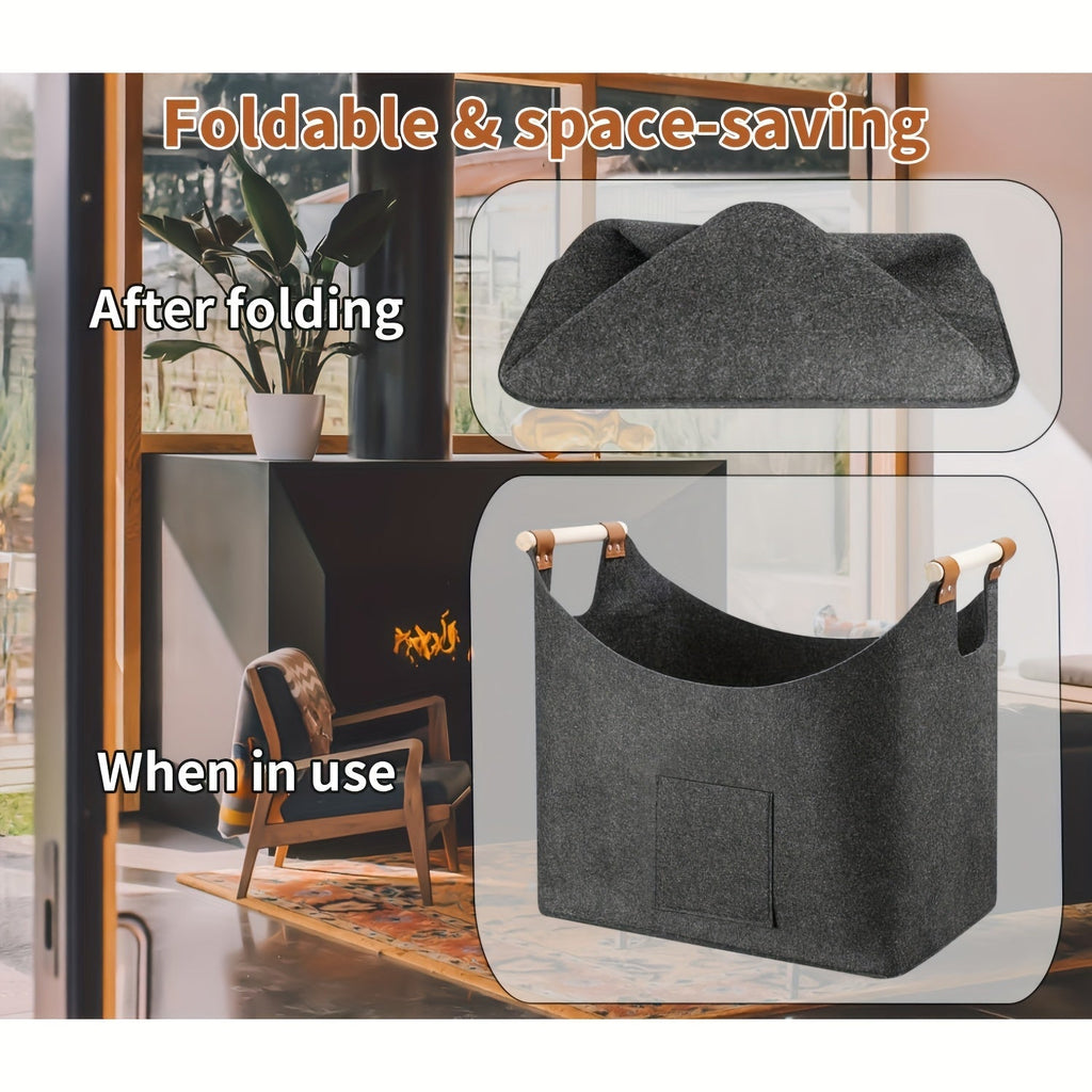 Panier à bûches en feutre FELDURA | Pliable | Capacité 55 L | Poignées en bois et finitions en cuir | Gris foncé
