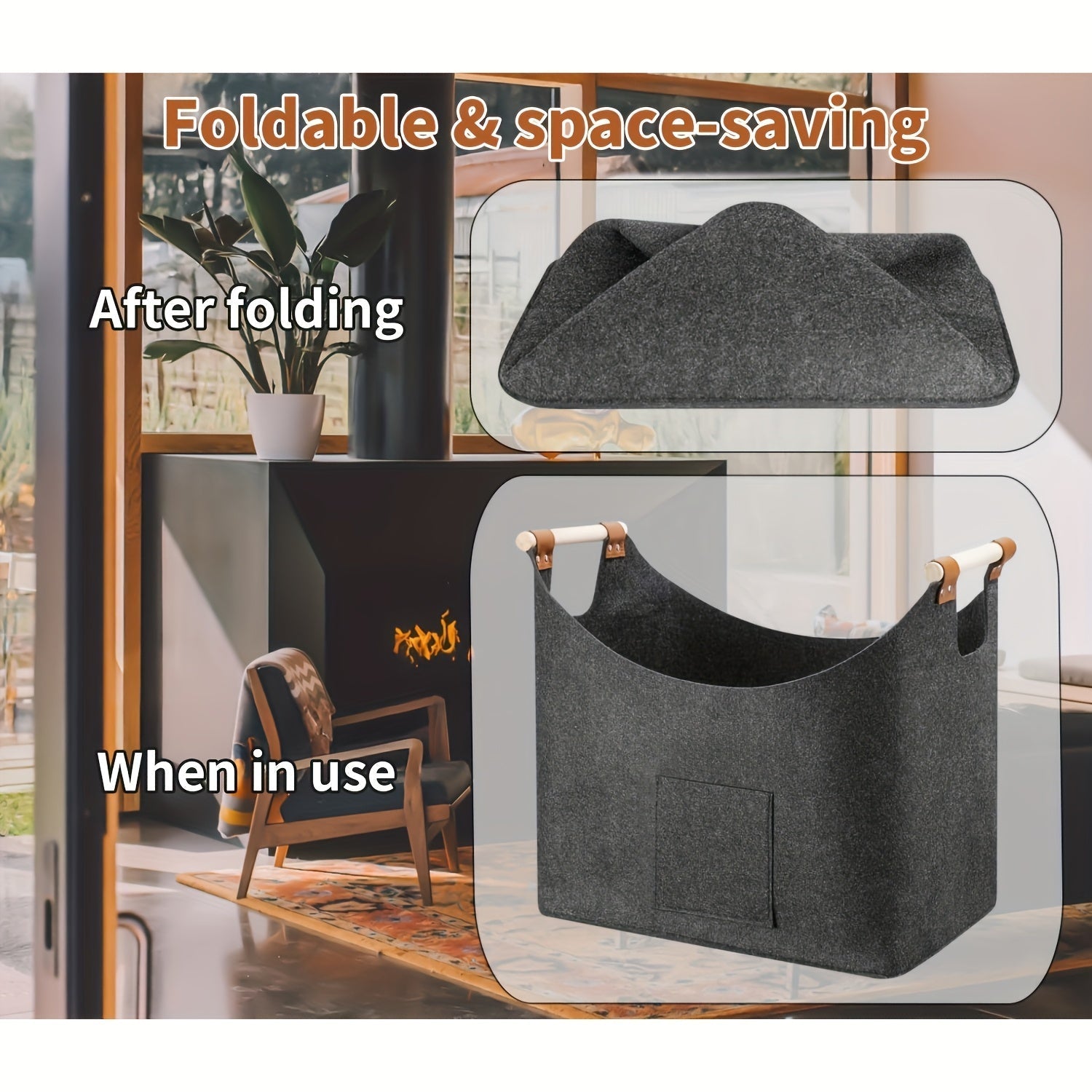 Panier à bûches en feutre FELDURA | Pliable | Capacité 55 L | Poignées en bois et finitions en cuir | Gris foncé