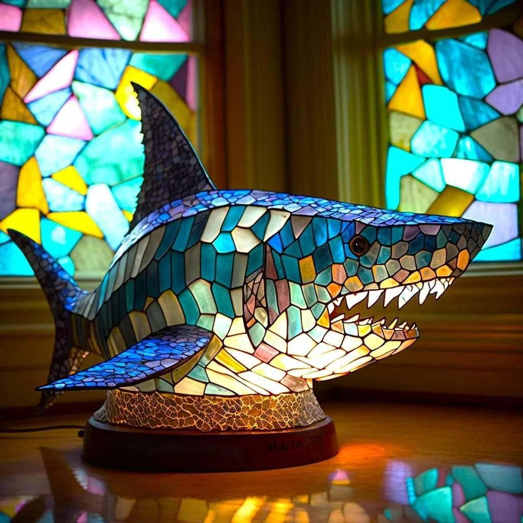Tiffany Tischlampe aus Buntglas | Handgefertigtes Tiermotiv | Farbwechsel-LED | Glas & Metall