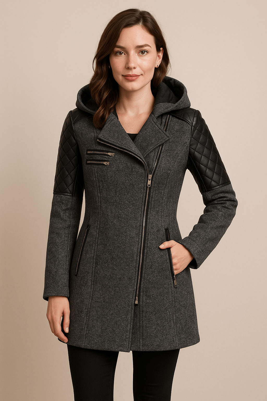 Damen Taillierte Jacke mit Steppärmeln und Asymmetrischem Reißverschluss mit Kapuze