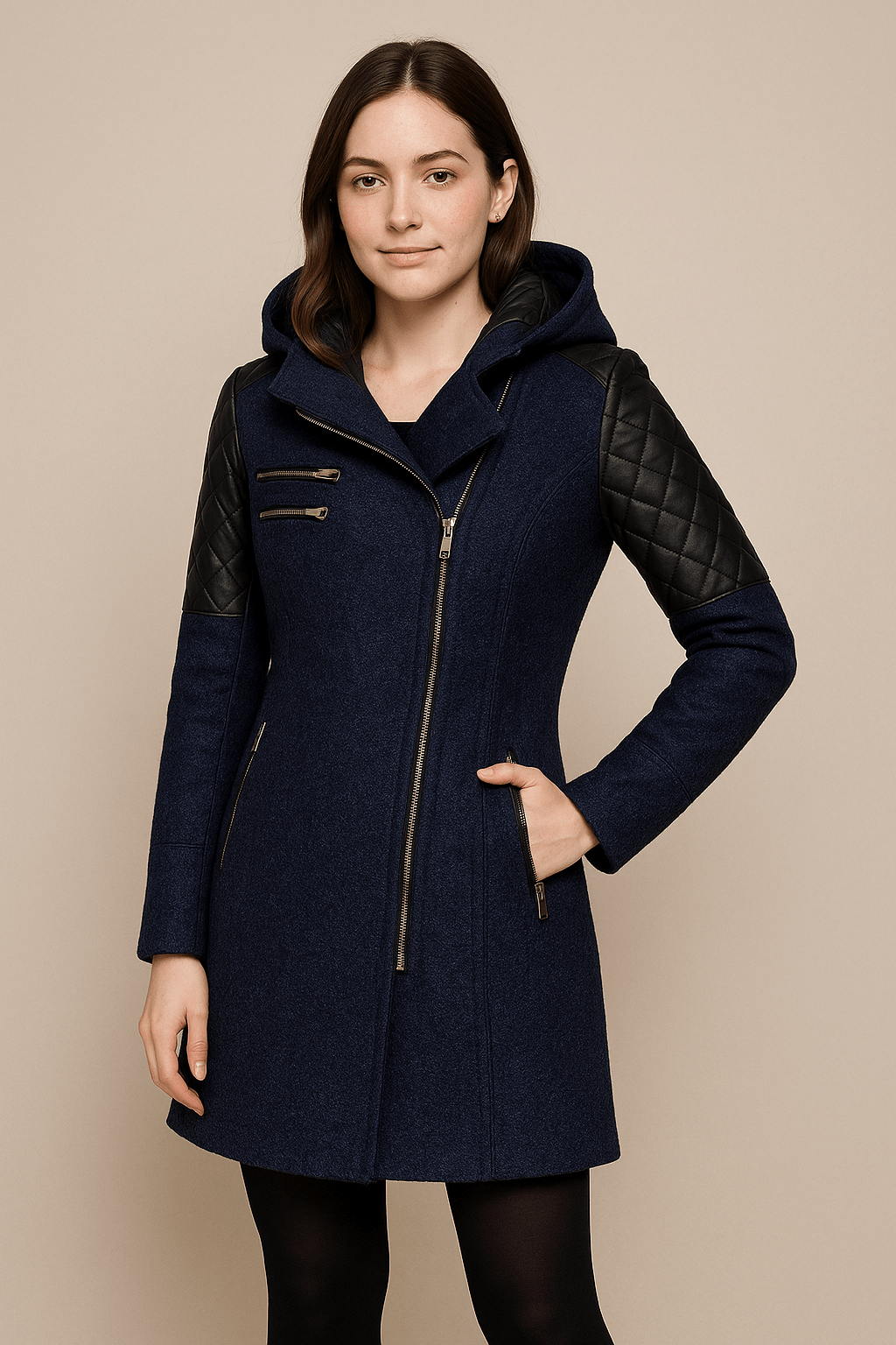 Damen Taillierte Jacke mit Steppärmeln und Asymmetrischem Reißverschluss mit Kapuze