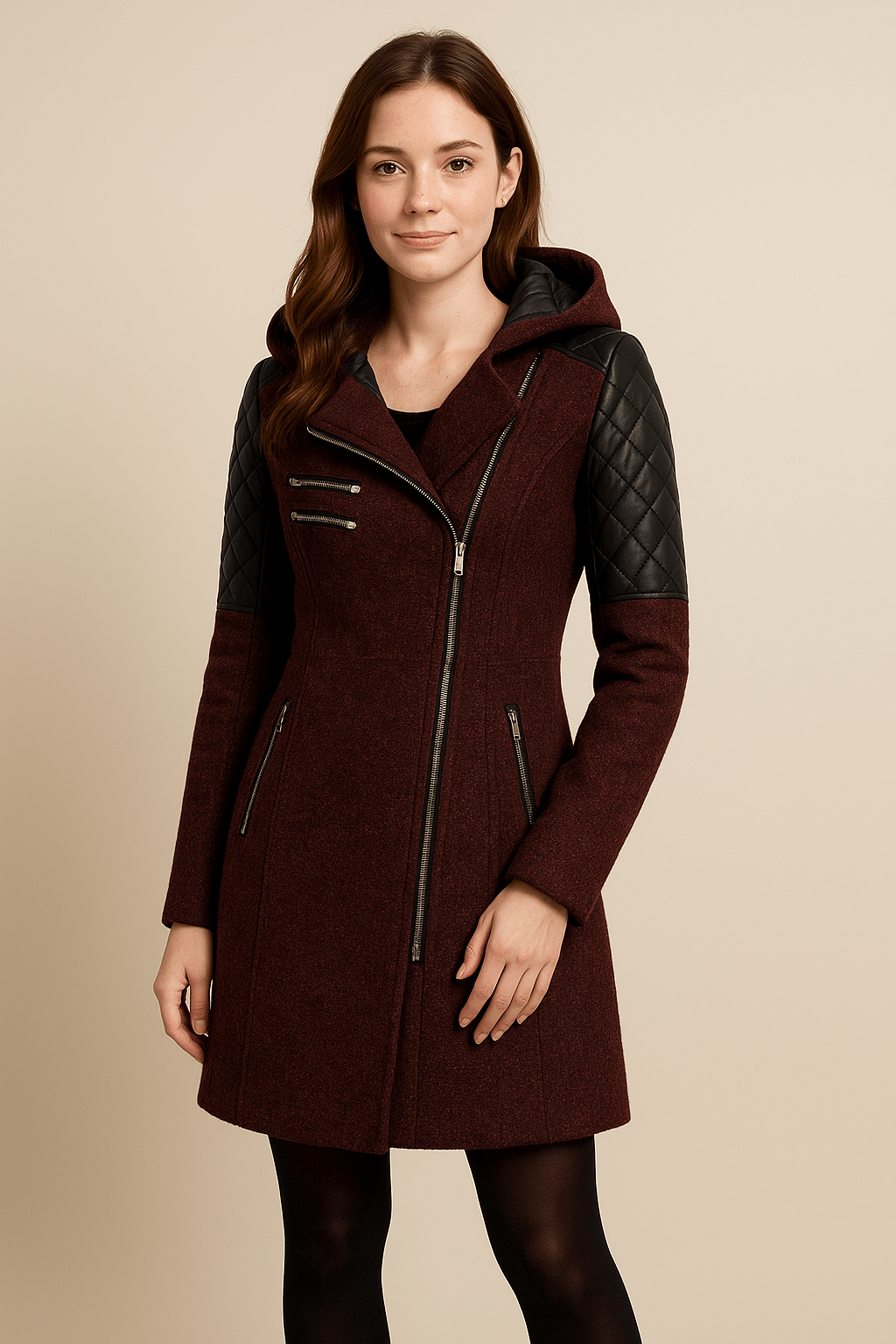 Damen Taillierte Jacke mit Steppärmeln und Asymmetrischem Reißverschluss mit Kapuze