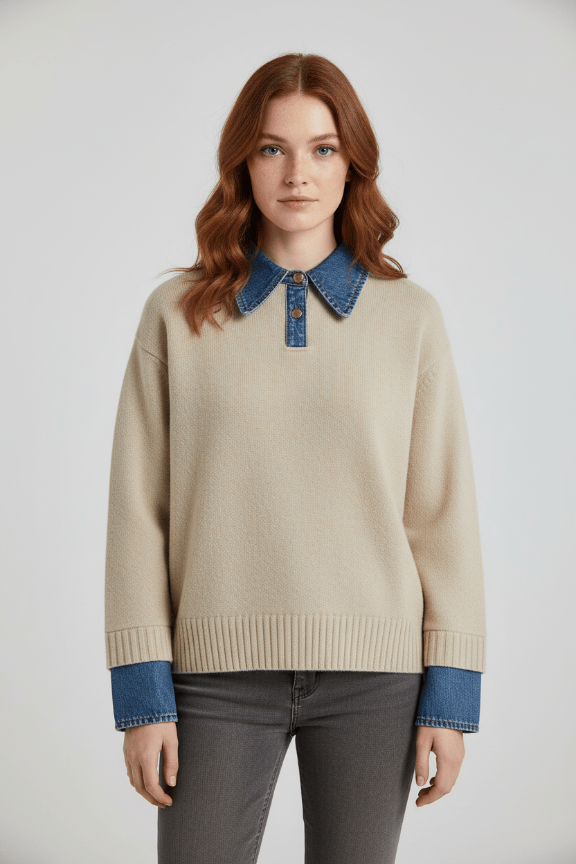 Damen Relaxed Fit Strickpullover mit Denim-Kragen und -Ärmeln