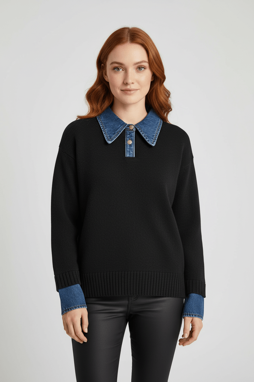 Damen Relaxed Fit Strickpullover mit Denim-Kragen und -Ärmeln