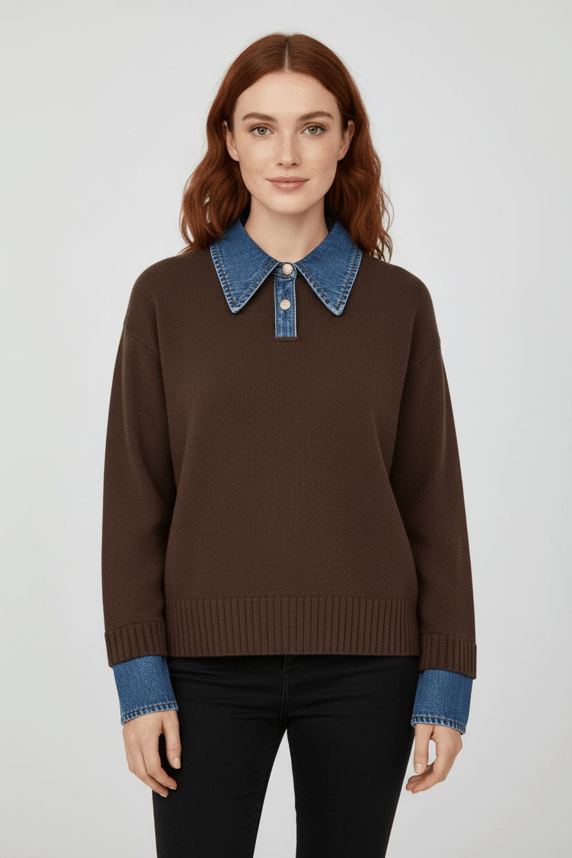 Damen Relaxed Fit Strickpullover mit Denim-Kragen und -Ärmeln