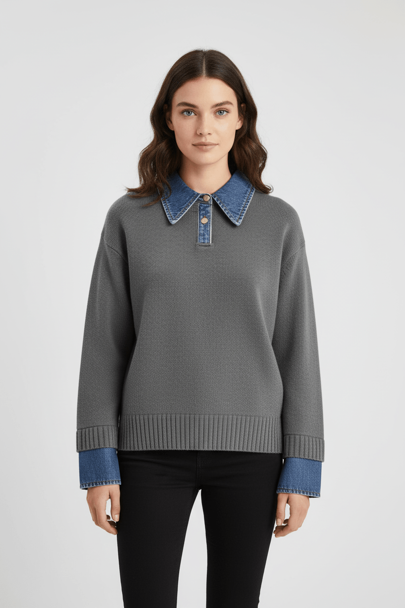 Damen Relaxed Fit Strickpullover mit Denim-Kragen und -Ärmeln