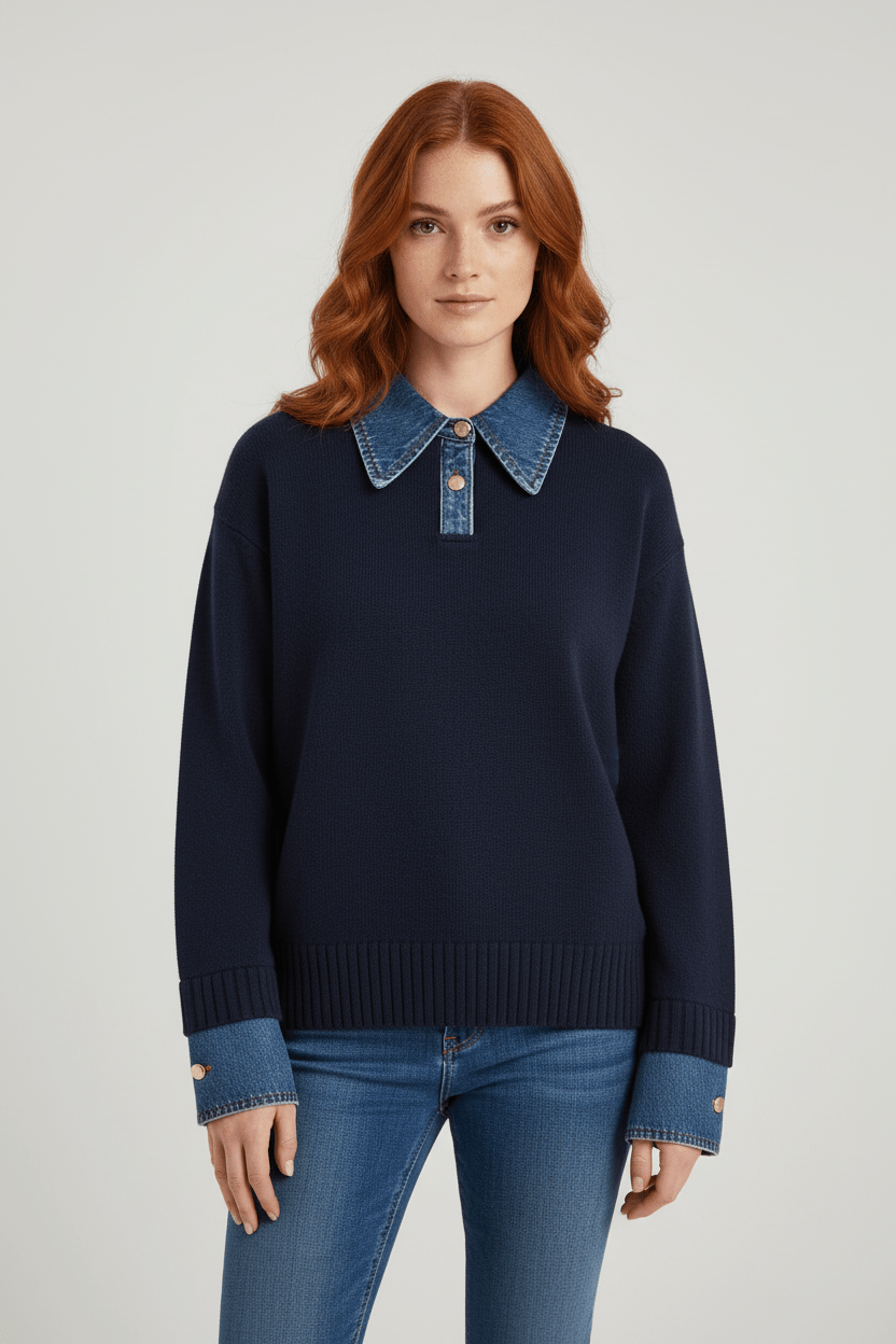 Damen Relaxed Fit Strickpullover mit Denim-Kragen und -Ärmeln