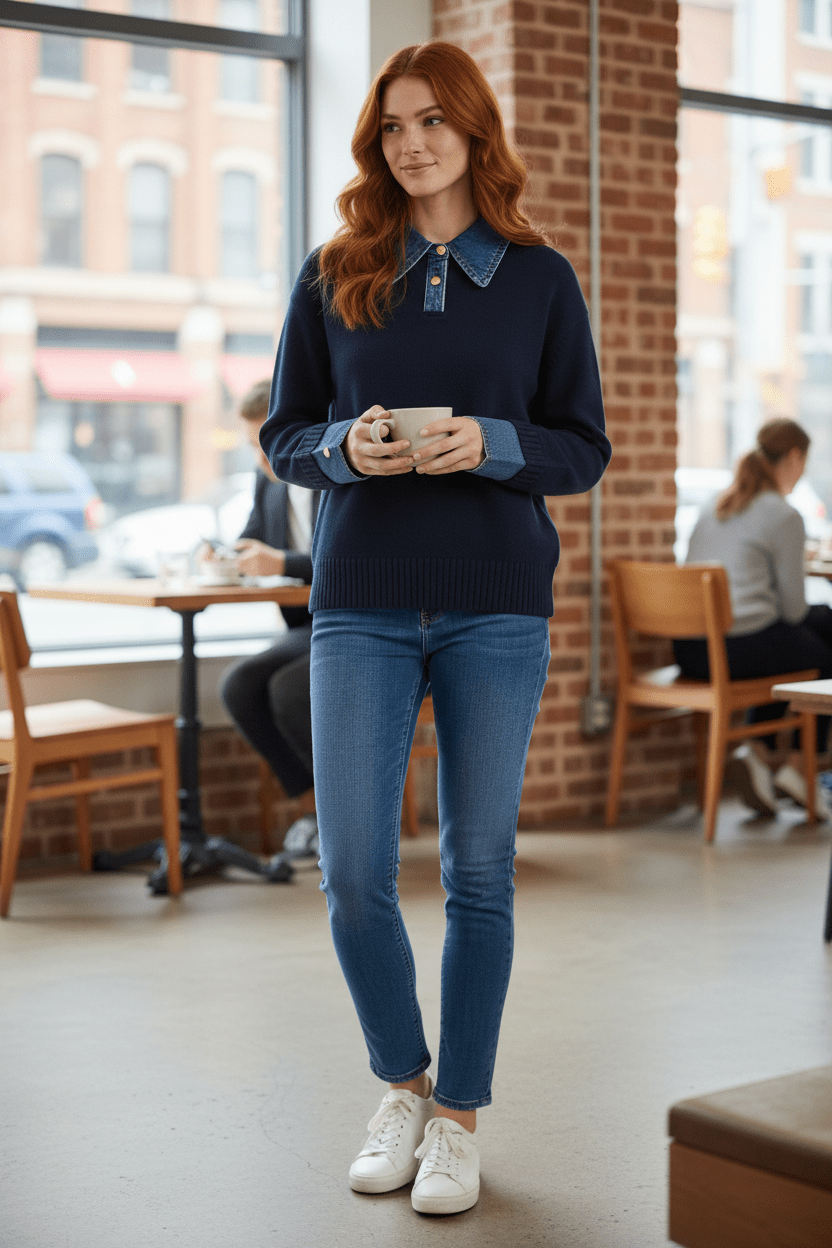 Damen Relaxed Fit Strickpullover mit Denim-Kragen und -Ärmeln