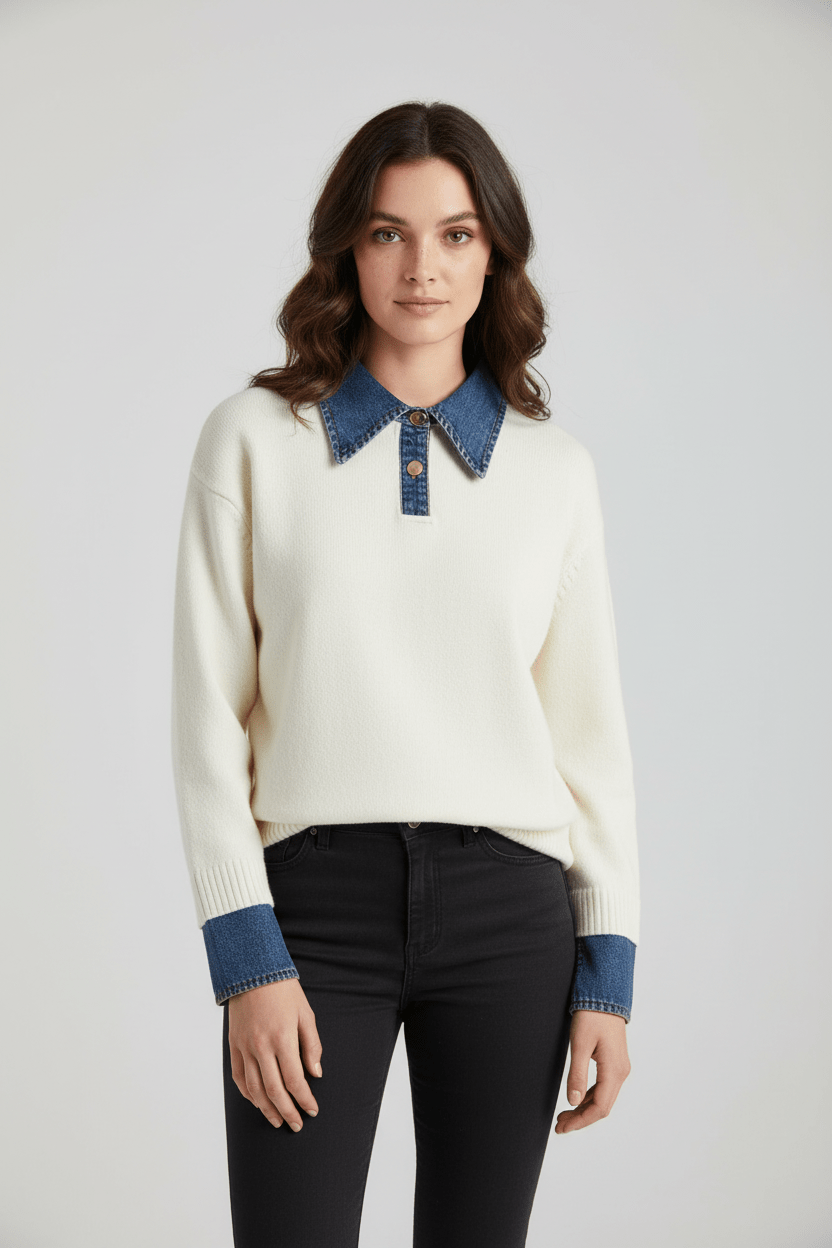 Damen Relaxed Fit Strickpullover mit Denim-Kragen und -Ärmeln