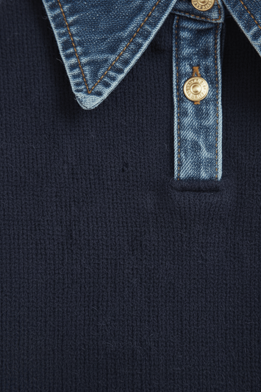 Damen Relaxed Fit Strickpullover mit Denim-Kragen und -Ärmeln