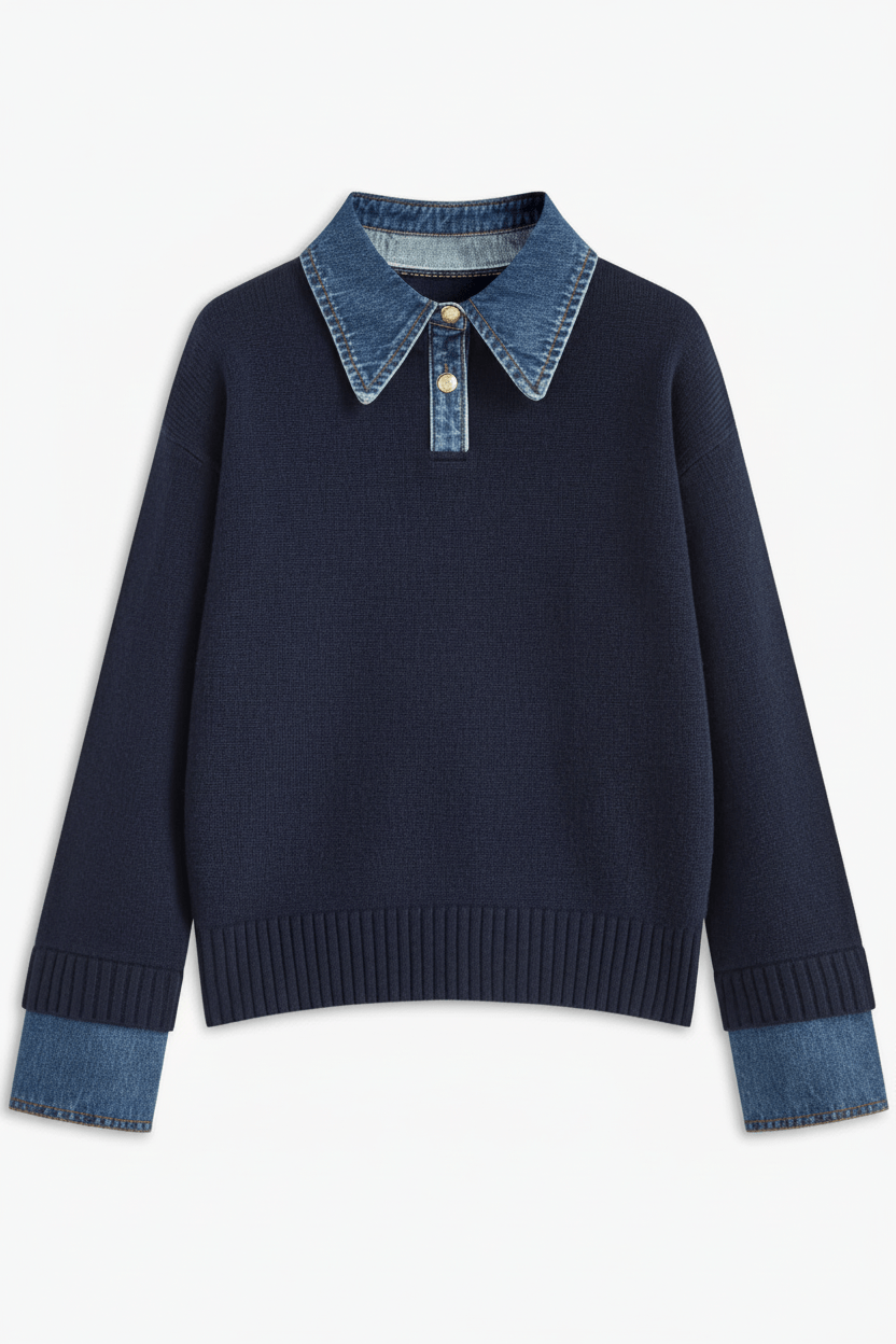 Damen Relaxed Fit Strickpullover mit Denim-Kragen und -Ärmeln