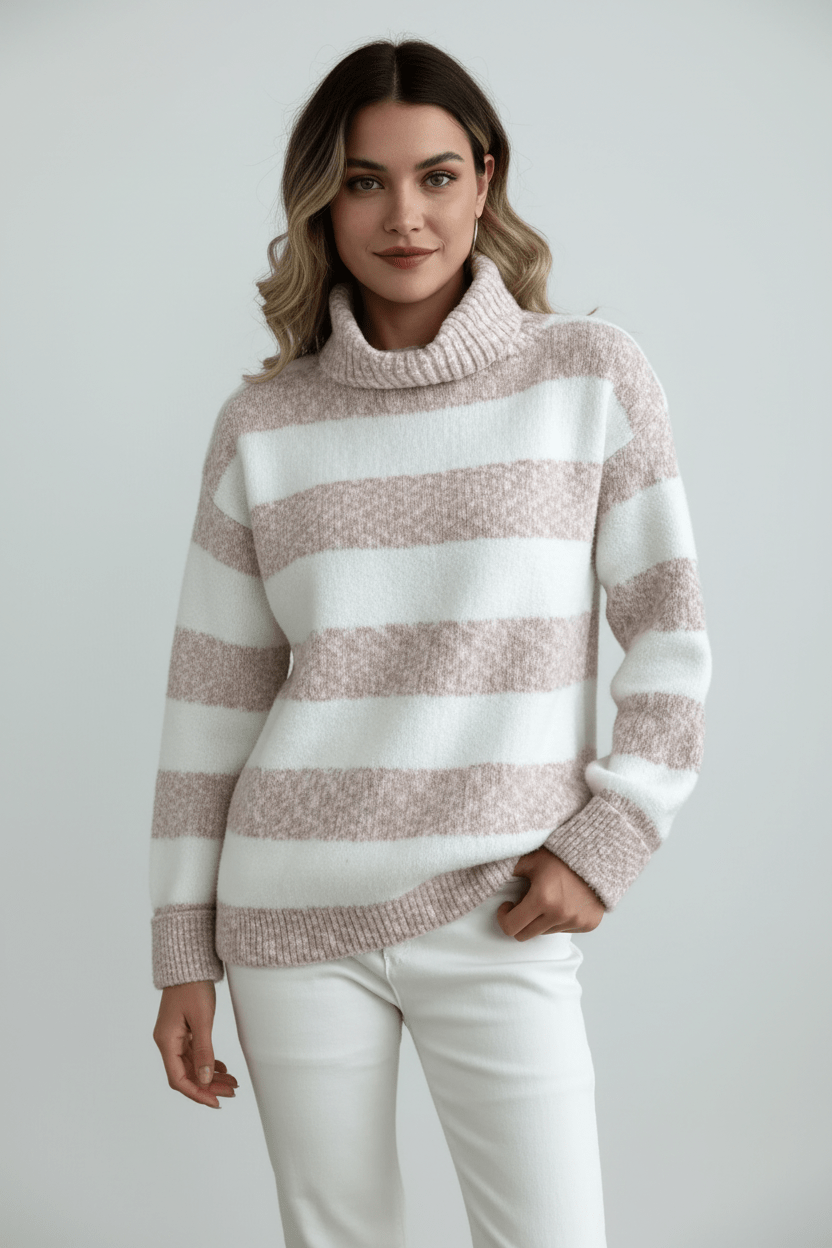 Damen Plüsch Strickpullover mit geripptem Rollkragen und gestreifter Textur