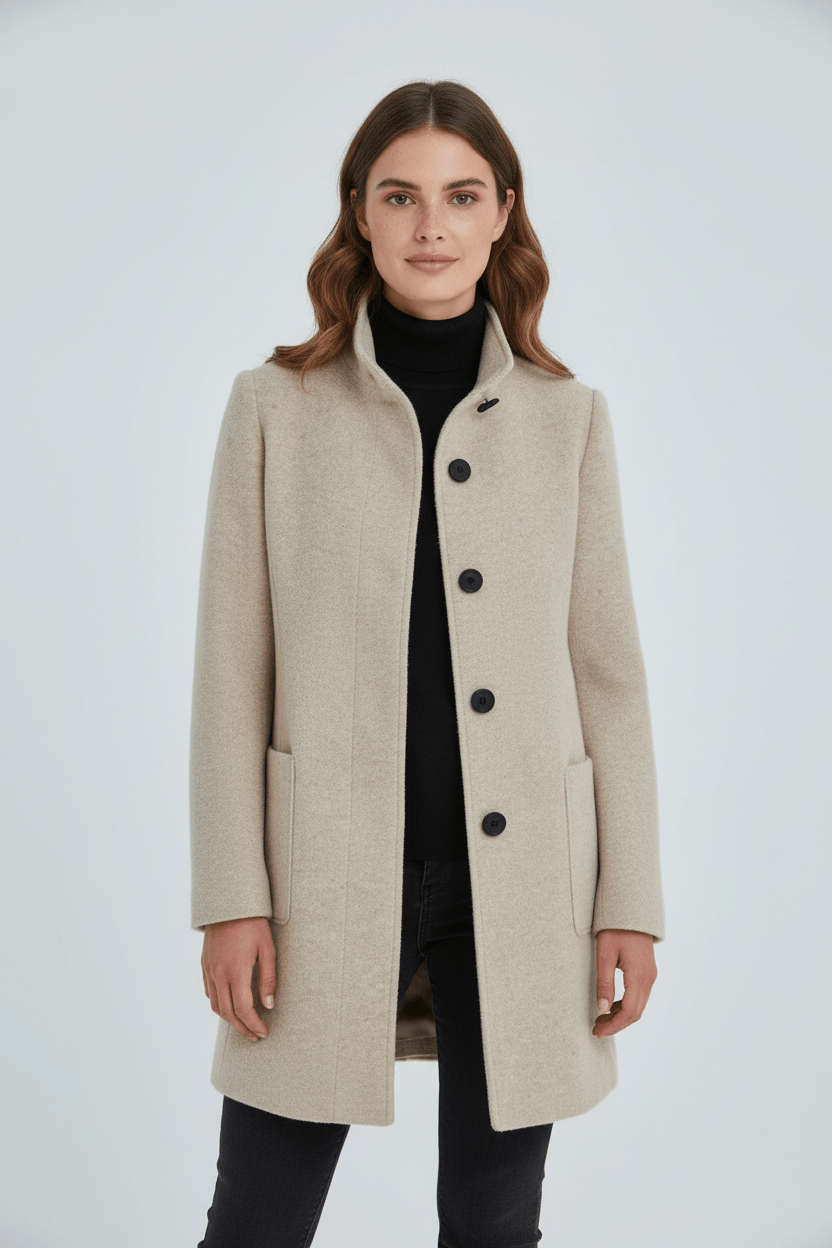 Damen Langer Mantel | Stehkragenjacke mit taillierter Passform und Knopfleiste