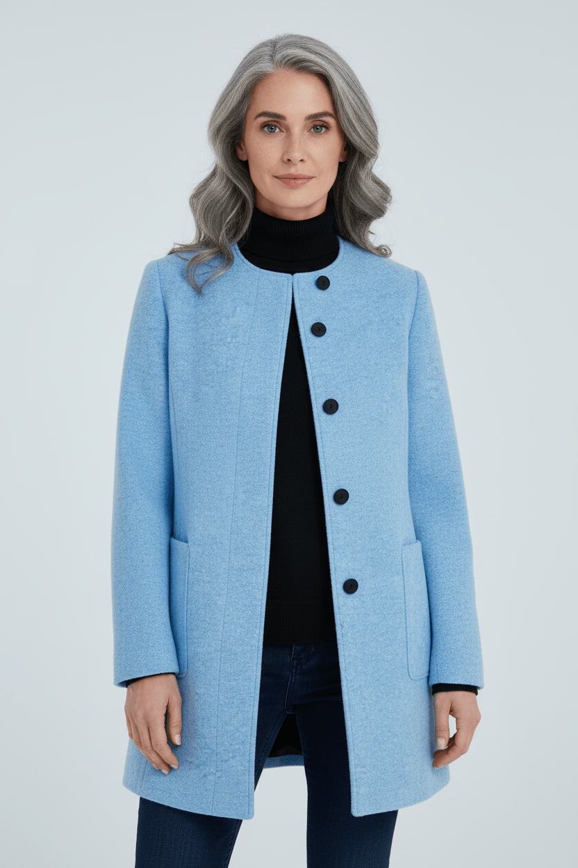 Damen Langer Mantel | Stehkragenjacke mit taillierter Passform und Knopfleiste