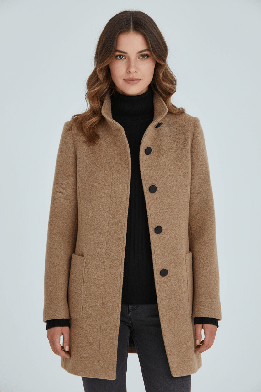 Damen Langer Mantel | Stehkragenjacke mit taillierter Passform und Knopfleiste