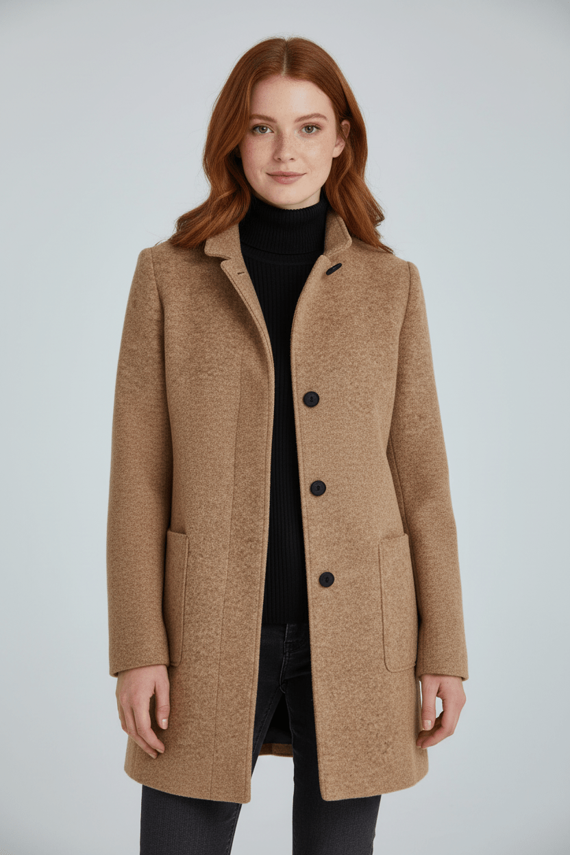 Damen Langer Mantel | Stehkragenjacke mit taillierter Passform und Knopfleiste