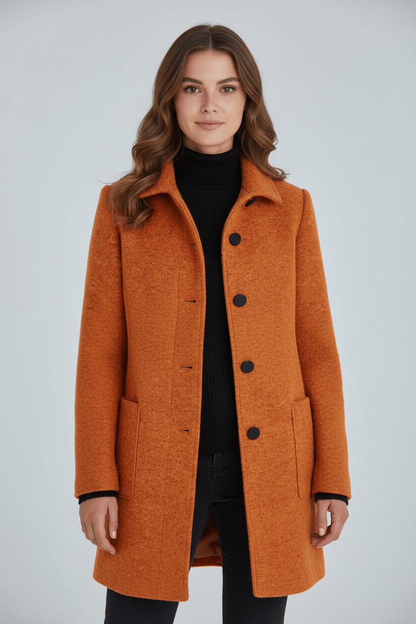 Damen Langer Mantel | Stehkragenjacke mit taillierter Passform und Knopfleiste