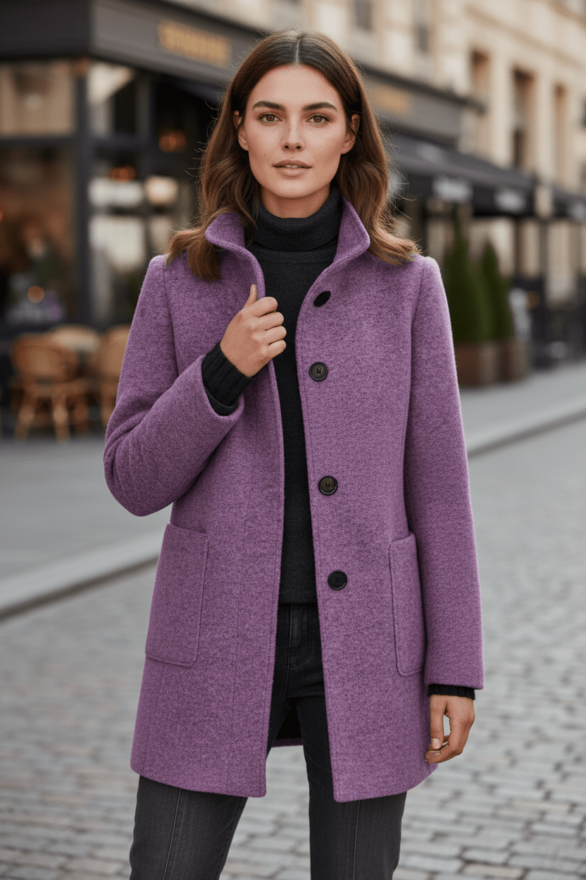 Damen Langer Mantel | Stehkragenjacke mit taillierter Passform und Knopfleiste