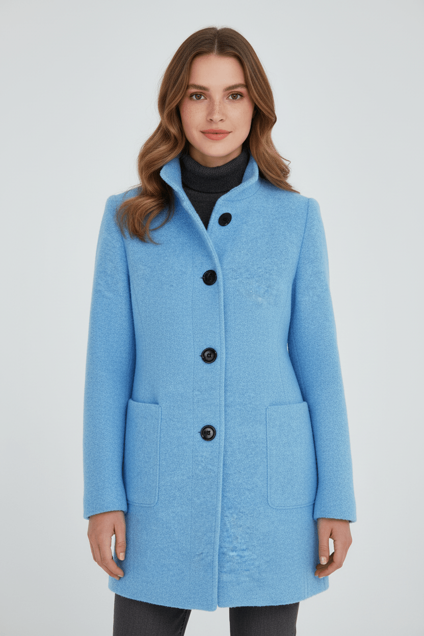 Damen Langer Mantel | Stehkragenjacke mit taillierter Passform und Knopfleiste