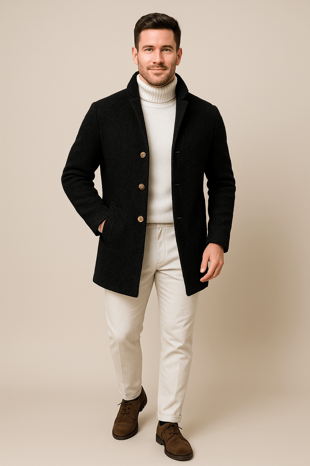 Męski sweter z grubym splotem – sweter na guziki z kołnierzem stójką