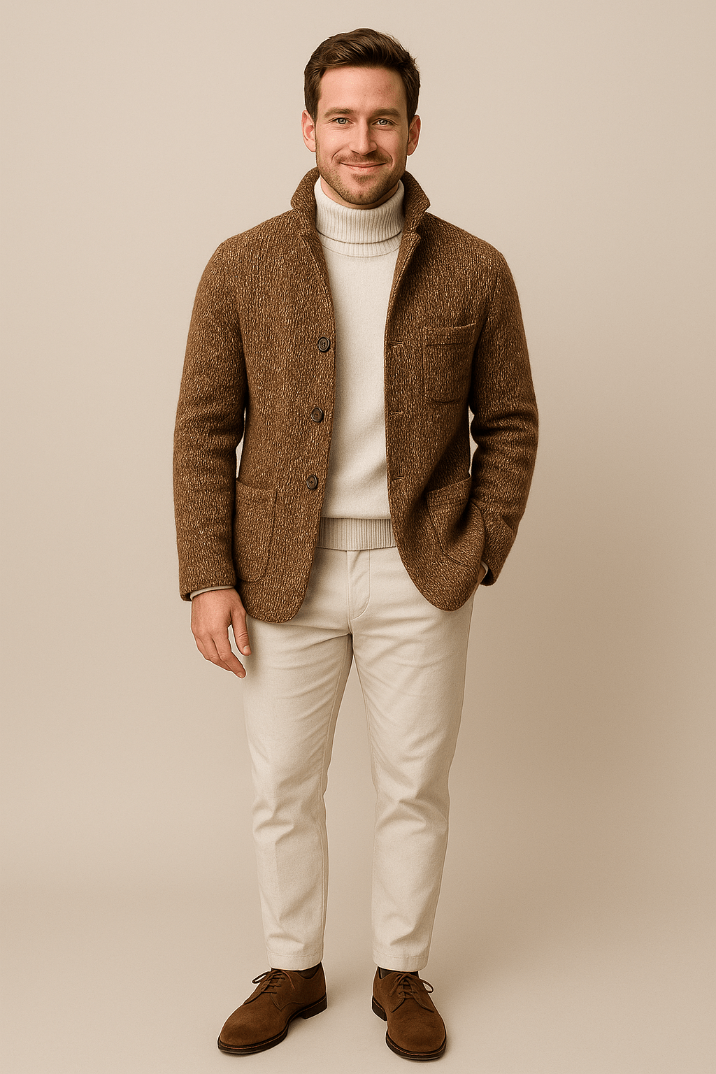 Męski sweter z grubym splotem – sweter na guziki z kołnierzem stójką