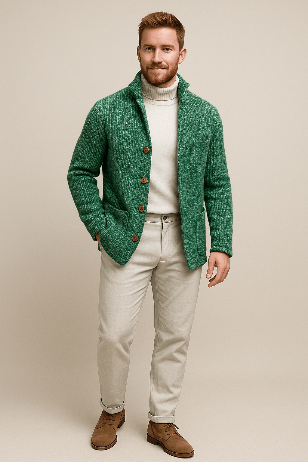 Męski sweter z grubym splotem – sweter na guziki z kołnierzem stójką