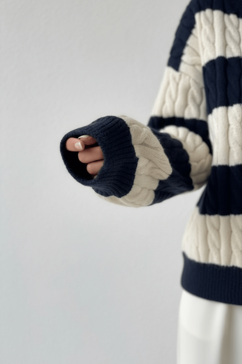 Oversized V-Ausschnitt Pullover mit Kabelstrick und gestreiften Details für Damen