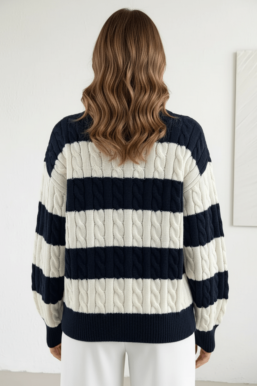 Oversized V-Ausschnitt Pullover mit Kabelstrick und gestreiften Details für Damen