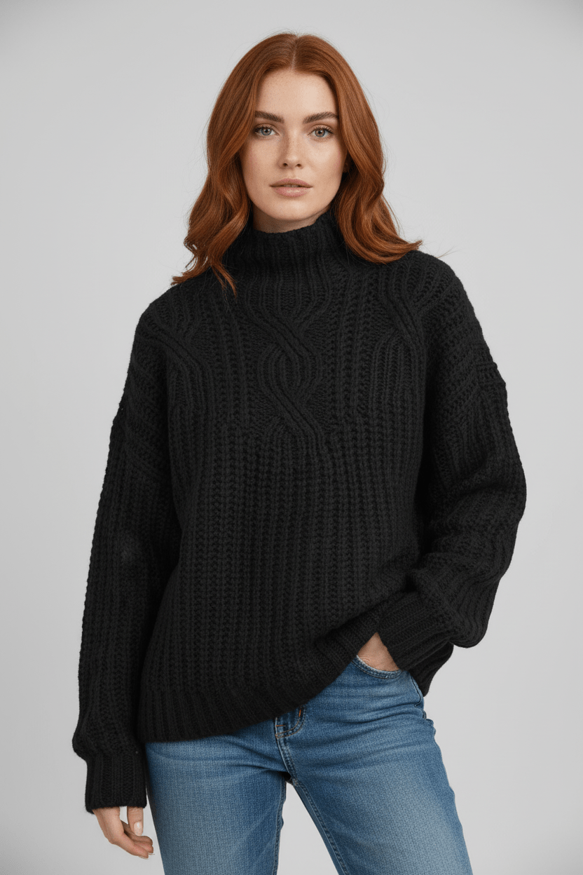 Damen-Kabelstrick-Pullover mit hohem Kragen
