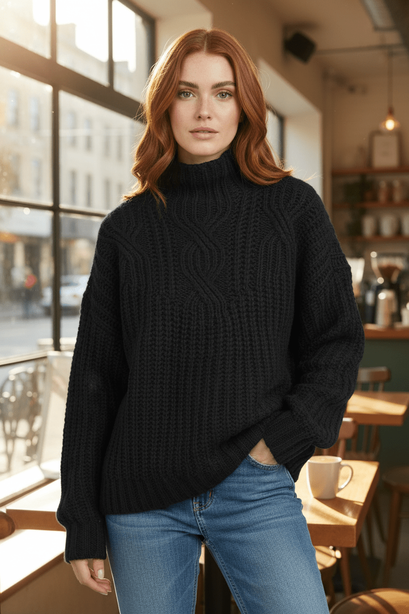 Damen-Kabelstrick-Pullover mit hohem Kragen