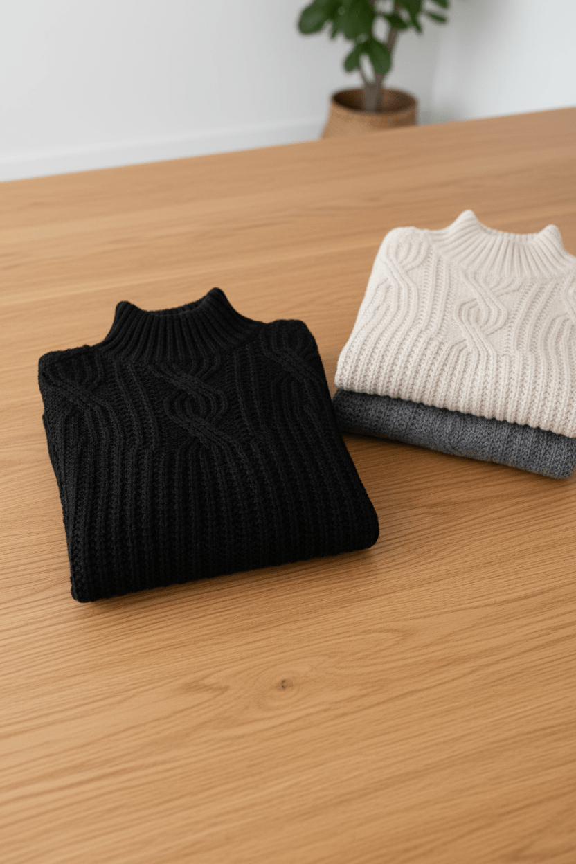 Damen-Kabelstrick-Pullover mit hohem Kragen