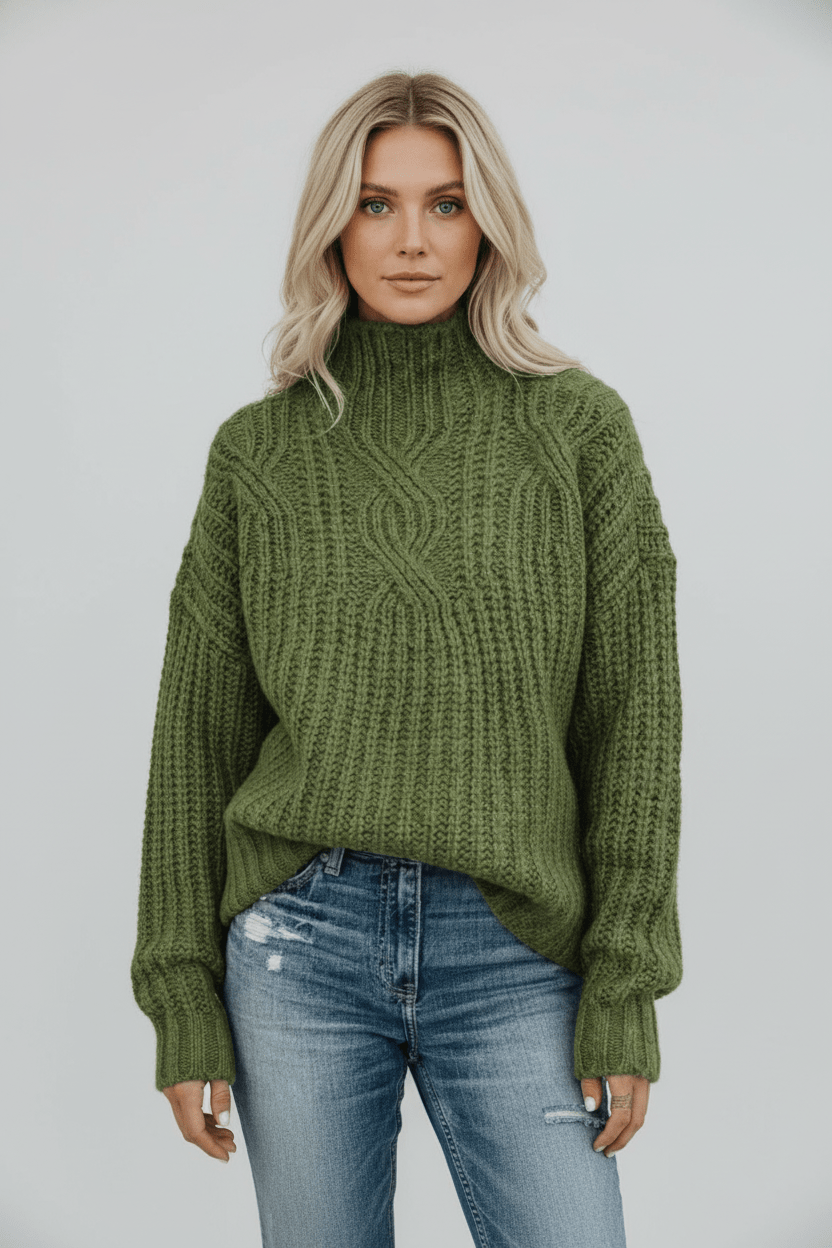 Damen-Kabelstrick-Pullover mit hohem Kragen